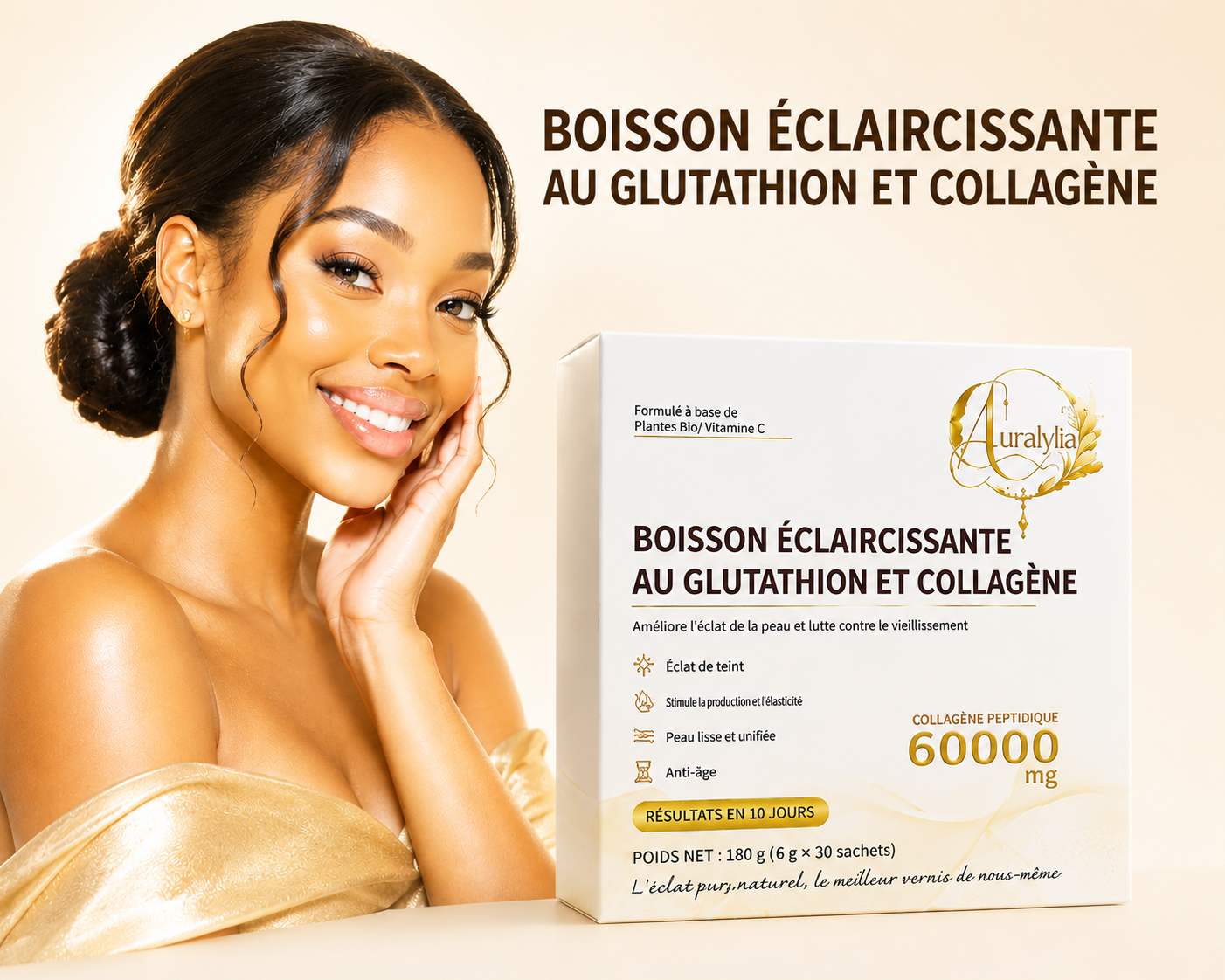 Boisson éclaircissante collagène peptidique et glutathion