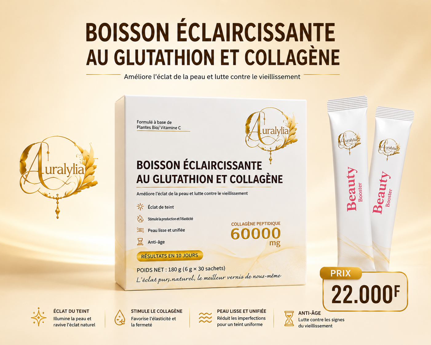 Boisson éclaircissante collagène peptidique et glutathion