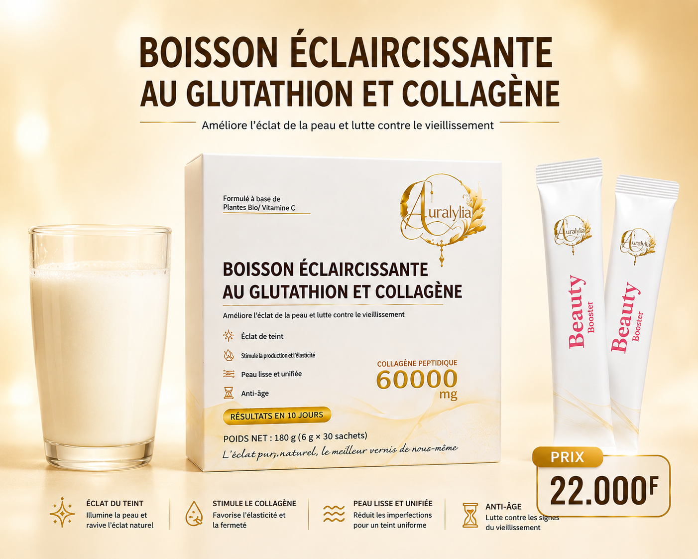 Boisson éclaircissante collagène peptidique et glutathion