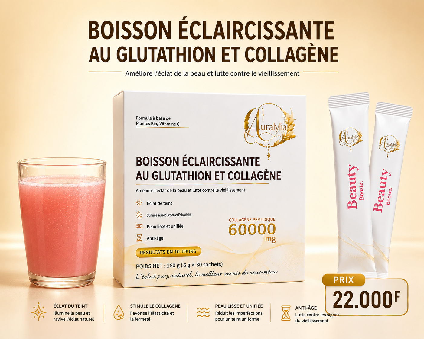 Boisson éclaircissante collagène peptidique et glutathion